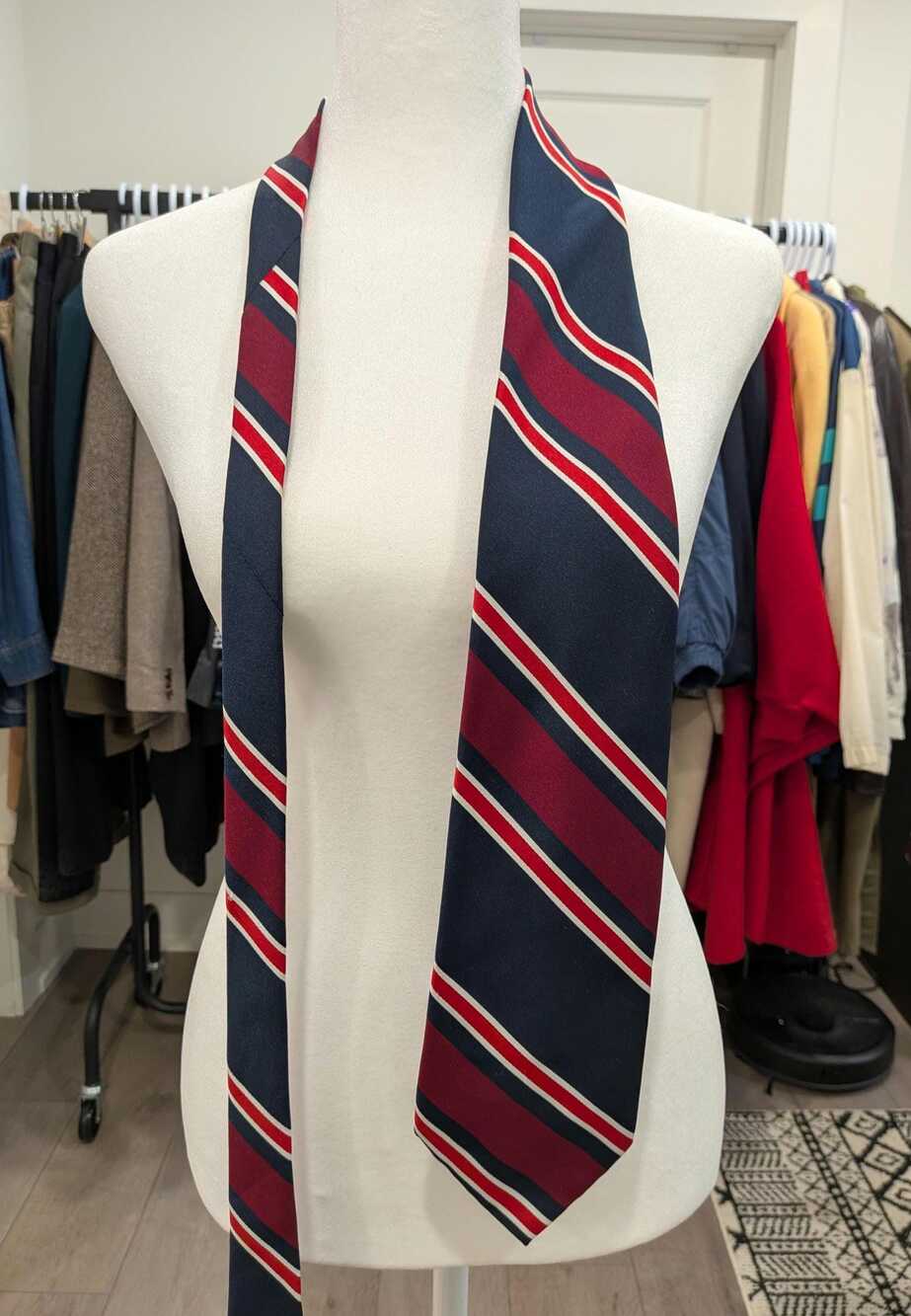 Vintage Christian Dior Monsieur Polyester Tie – Navy Burgundy Red Stripe Necktie
